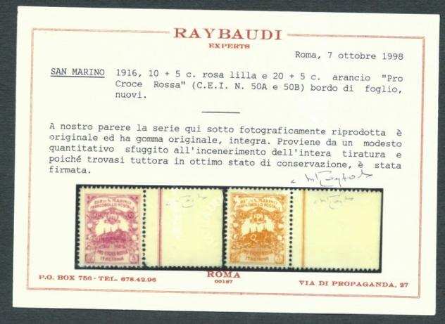 San Marino 1916 - Pro Croce Rossa gomma integra MNH con certificazione RAYBAUDI - CEI NN.50A e 50B