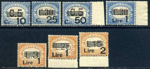 San Marino 1936 - Segnatasse soprastampati, serie di 7 valori ottimamente centrati. Splendidi - Sassone 4753