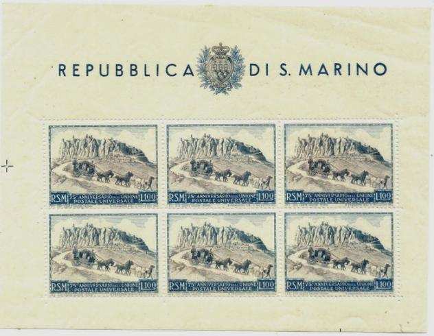 San Marino 1949 - Unione Postale Universale L. 100, foglietto di 6 esemplari - Sassone F 8