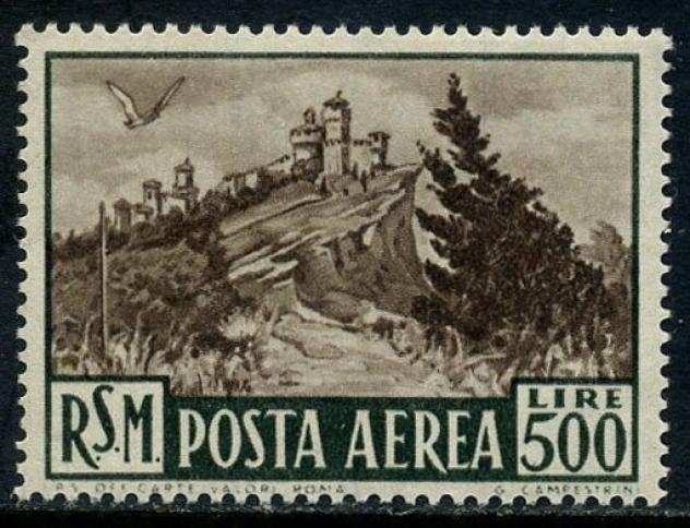 San Marino 1951 - Veduta Posta aerea, 500 lire verde scuro e bruno. Certificato - Sassone A 97