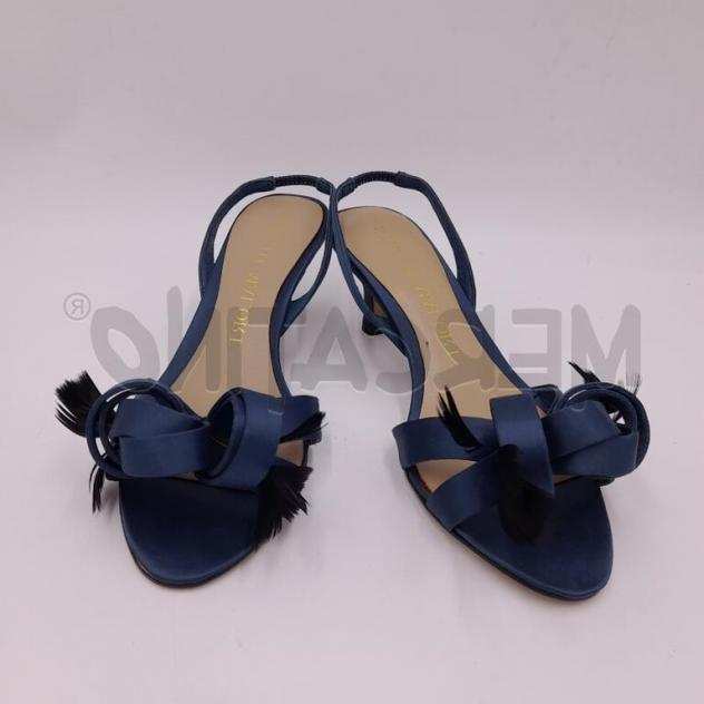 Scarpe donna stelio malori blu in raso tacco basso con piume nere iserite nel fiocco Taglia 37