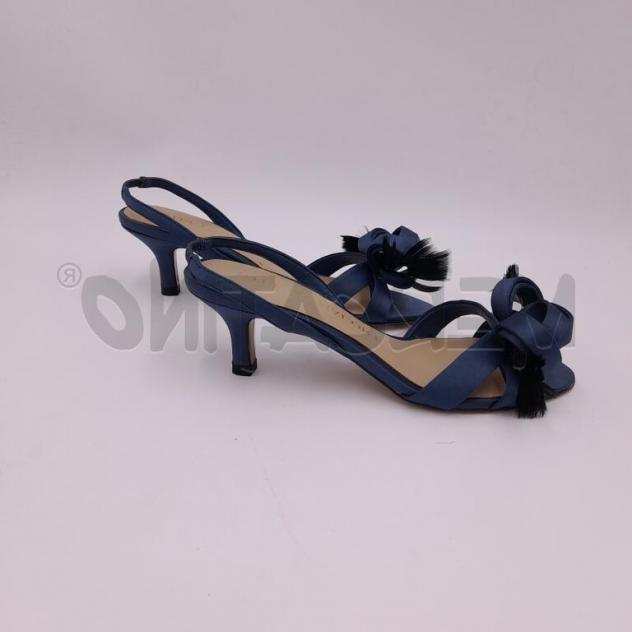 Scarpe donna stelio malori blu in raso tacco basso con piume nere iserite nel fiocco Taglia 37