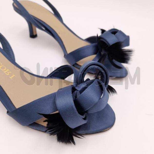 Scarpe donna stelio malori blu in raso tacco basso con piume nere iserite nel fiocco Taglia 37