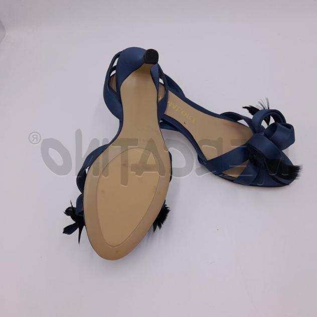 Scarpe donna stelio malori blu in raso tacco basso con piume nere iserite nel fiocco Taglia 37