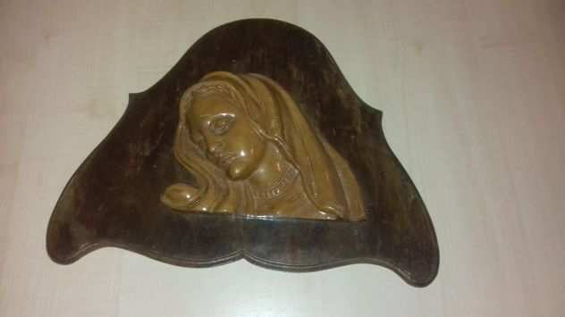 SCULTURA ICONA BASSORILIEVO DA PARETE VOLTO MADONNA IN LEGNO VINTAGE