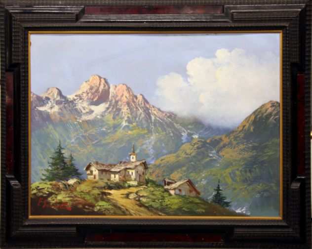 Scuola italiana quadro olio su tela paesaggio montano