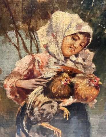 Scuola italiana, quadro pittore, donna con galli
