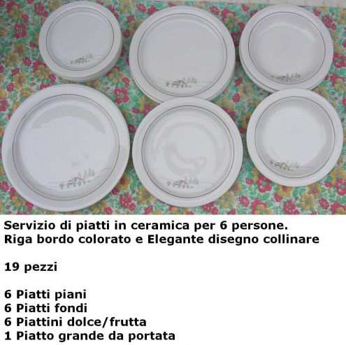 Servizio piatti ceramica 6 persone riga bordo decoro disegno collinare 19 pezzi 6 Piatti Piani 6 Piatti fondi 6 Piattini fruttadolce 1 Piatto grande