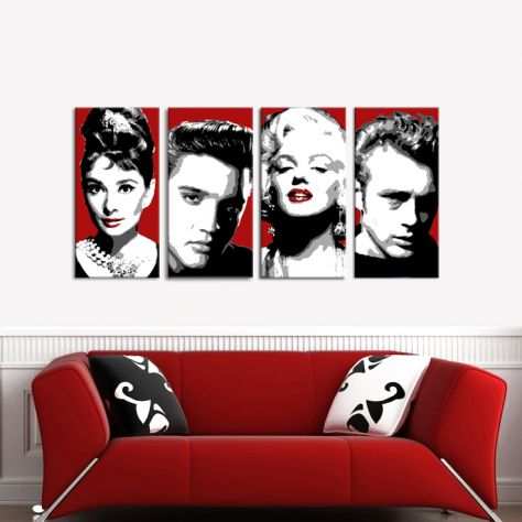 Set 4 Quadri DIPINTI A MANO su Tela Marilyn Hepburn Dean Presley Pop Art