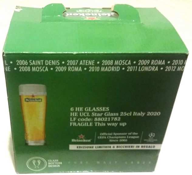 SET 6 BICCHIERI BIRRA HEINEKEN CHAMPIONS LEAGUE CL.20X6 NUOVO CON SCATOLA