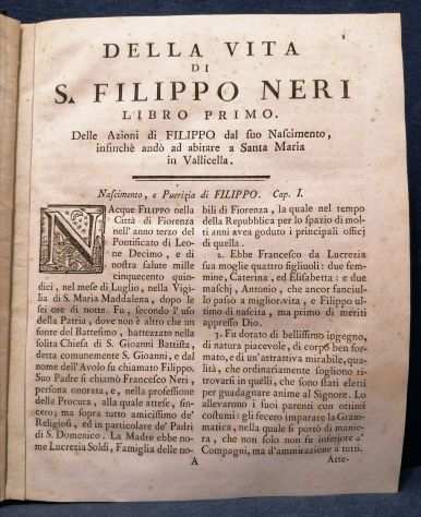 (Settecentina Agiografia) BACCI, P. G., VITA DI S. FILIPPO NERIhellipIn Torino, Franc