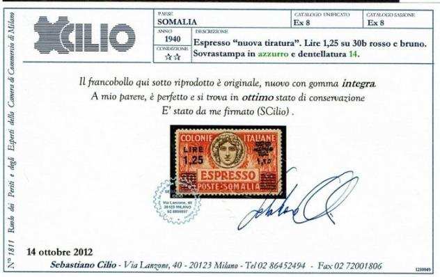 Somalia italiana 1940 - Espresso Lire 1,25 su Cent. 30 b. Dentellatura 14. Molto ben centrato. MNH Experts Certificate - Sassone EX 8