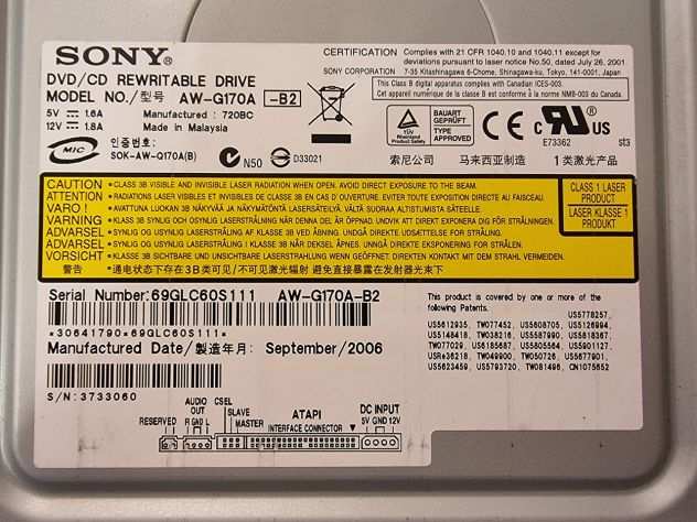 Sony Masterizzatore DVD CD riscrivibile, modello AW-G170A frontalino colore nero