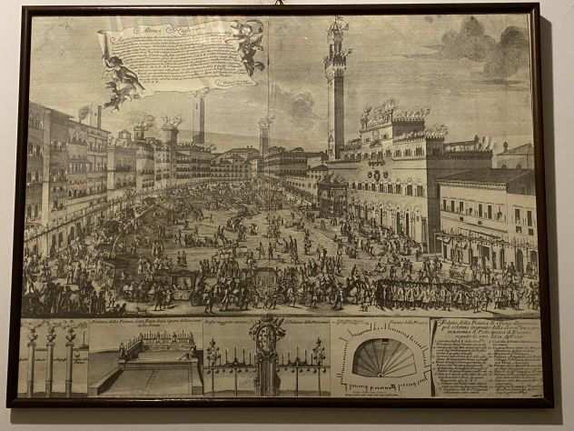 Splendido quadro con Stampa antica di Piazza di Siena