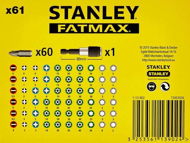 STANLEY Set 61pz inserti 25mm con porta inserti magnetico a sgancio veloce NUOVO