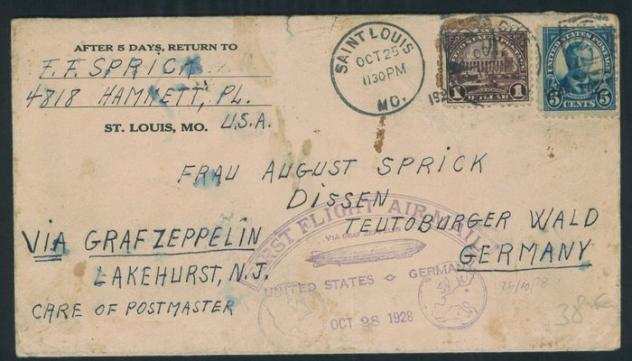 Stati Uniti dAmerica - Lettera via Graf Zeppelin da Saint Louis 25.10.28 per la Germania, affrancata con 390  376.