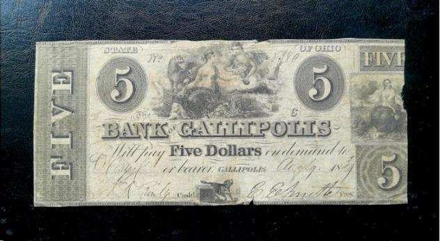 Stati Uniti dAmerica - Obsolete Currency -. 5 Dollars 1839 - The Bank of Gallipolis (Senza Prezzo di Riserva)