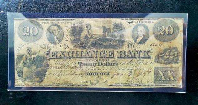 Stati Uniti. - Obsolete Currency - 20 Dollars 1858 - The Exchange Bank of Virginia. (Senza Prezzo di Riserva)