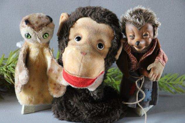Steiff - Vintage - marionette a mano gufo, scimmia e mecki - 1950-1959