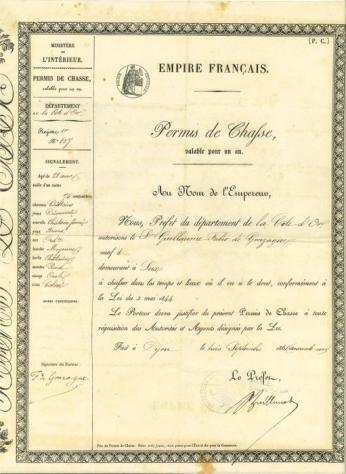Storico Permesso di Caccia con firma originale del Marchese Guglielmo Fabio di Gonzaga - Permis de Chasse di Napoleone III - 1843