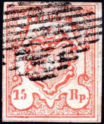 Svizzera 1852 - Poste federali, Croce bianca a cifre piccole - 15r. rosso mattone, usato con ottimi margini - ottima - Sass. ndeg 22