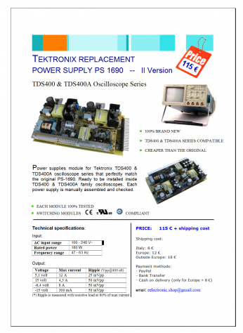 Tektronix TDS420 Power Supply PS 1690