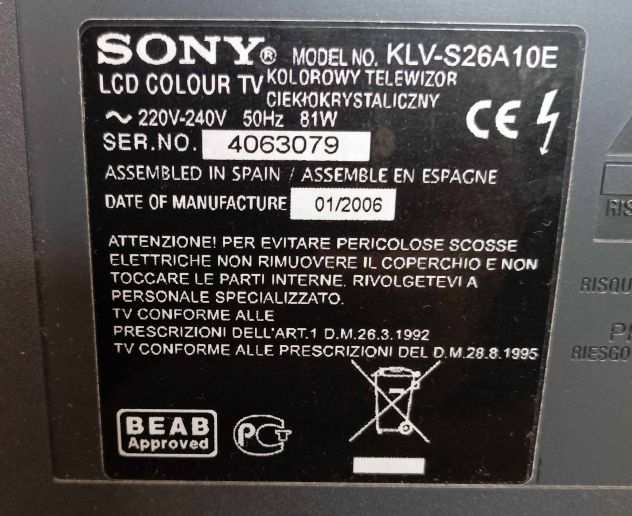 TELVISORE LCD BRAVIA COLORI SONY KLV-S26A10E