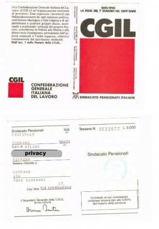 TESSERA CGIL SINDACATO PENSIONATI 1990