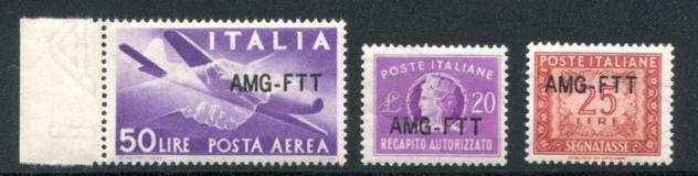 Trieste - zona A 19471954 - i tre valori con nuova sovrastampa - Sassone PA 22A, recapito 5A e segnatasse 25A