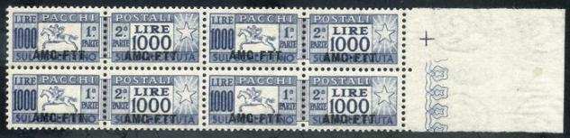 Trieste - zona A 1954 - Pacchi L. 1000 quotCavallinoquot con dentellatura a pettine. Splendida quartina margine di foglio - Sassone P 26