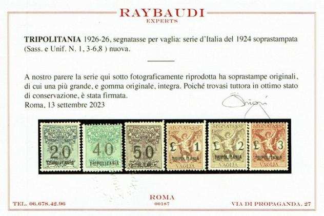 Tripolitania Italiana 1926 - Segnatasse per Vaglia MNH - Sassone TV 1, 3-6, 8