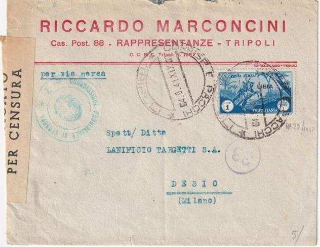 Tripolitania Italiana - 1941 8 Settembre PA 1 l. isolato Sass. A10 su busta da Tripoli x Desio Cv 600