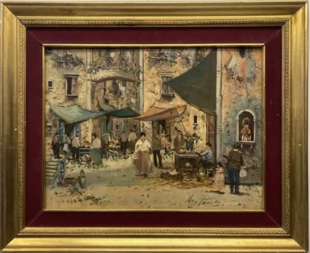 Ugo Mascolo mercatino napoletano olio su pannello 30x40 con cornice 42x52