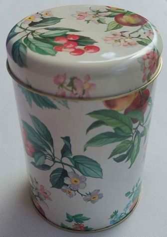 Vecchia scatola in lata vuota con coperchio originale e motivi floreali anni 70