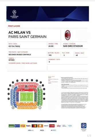 Vendesi Biglietti Milan PSG del 07.11.2023