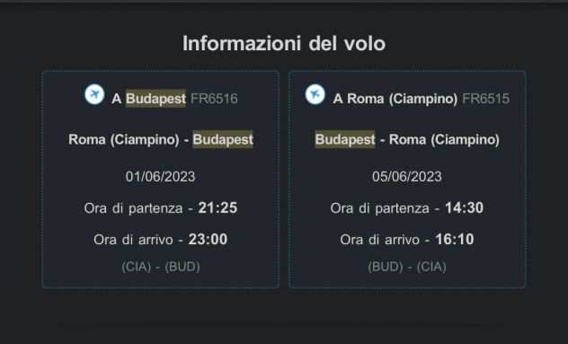 Vendita 2 biglietti Roma Budapest - andata e ritorno