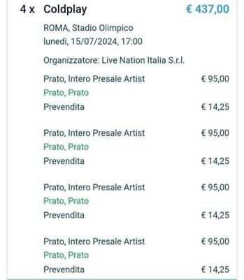 Vendo 2 biglietti concerto Coldplay a Roma