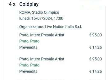 Vendo 2 biglietti concerto Coldplay a Roma