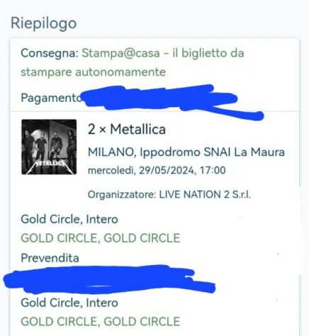 Vendo 2 biglietti concerto Metallica a Milano