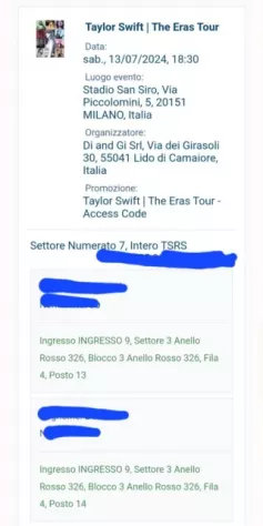 Vendo 2 biglietti concerto Taylor Swift a Milano