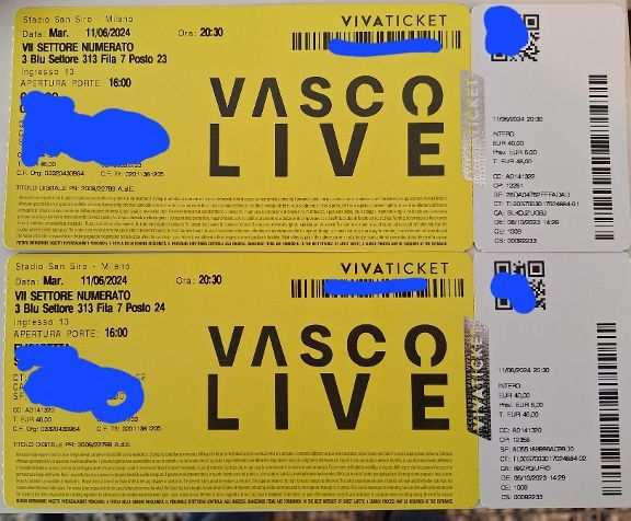 VENDO 2 BIGLIETTI CONCERTO VASCO MARTEDI 116 SAN SIRO