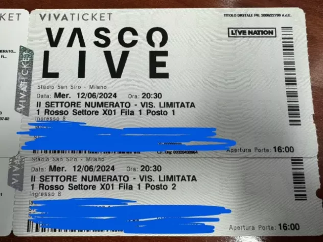 Vendo 2 biglietti concerto Vasco Rossi