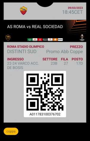 Vendo 2 biglietti distinti sud Roma - Real Sociedad