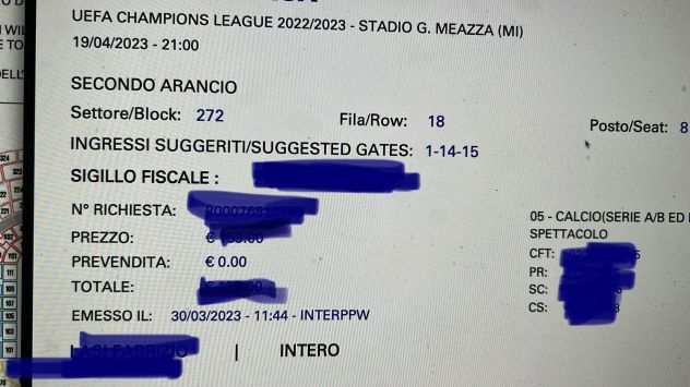 Vendo 2 Biglietti Inter Benfica 19042023 Secondo Arancio Settore 272