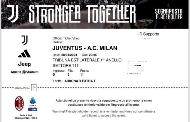 VENDO 2 BIGLIETTI JUVENTUS-MILAN