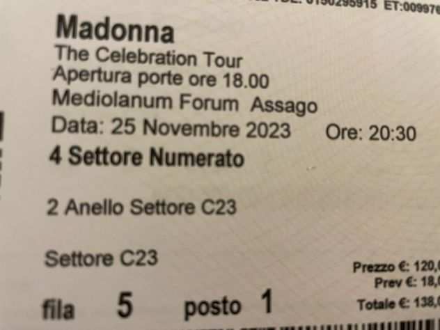 Vendo 2 biglietti Madonna Milano sabato 25 novembre 2023