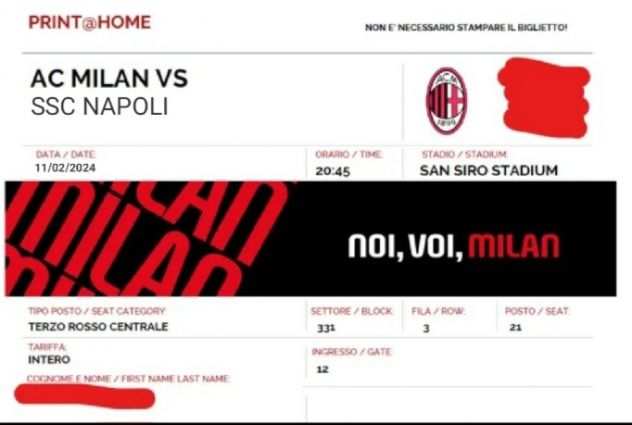 Vendo 2 biglietti Milan Napoli