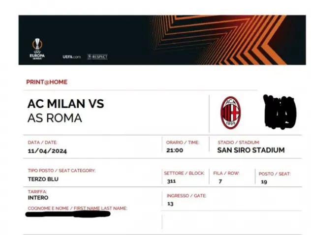 Vendo 2 biglietti Milan Roma Europa League