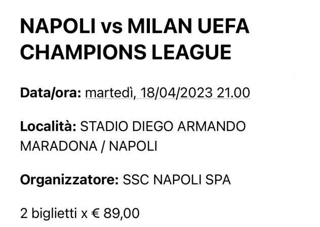 Vendo 2 biglietti Napoli Milan champions