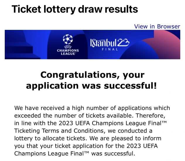 Vendo 2 Biglietti per la Finale di Champions League 2023 a Istanbul 2 Categoria